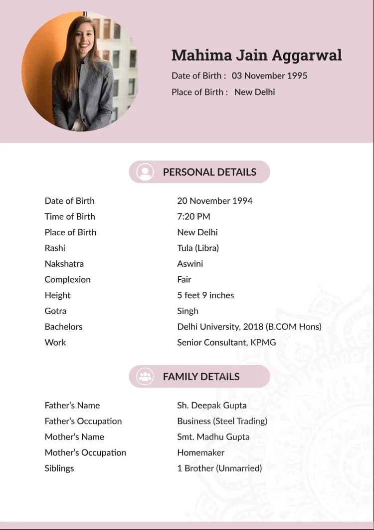 Pink Marriage Biodata Template