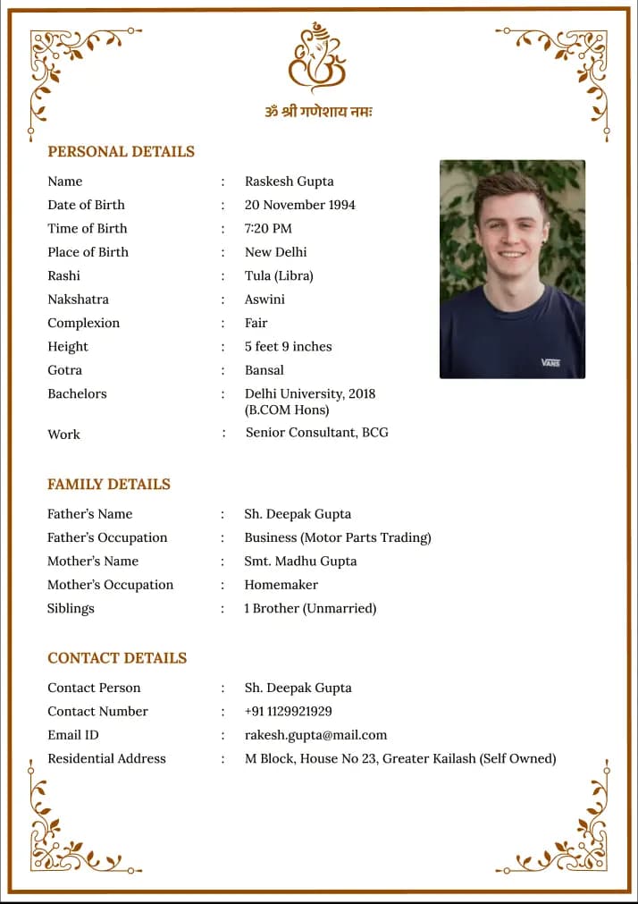 Traditional Marriage Biodata Template